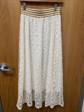 Ivory Iridescent Lace Maxi Skirt with Gold-Trim Waistband Bachelorette Bridal